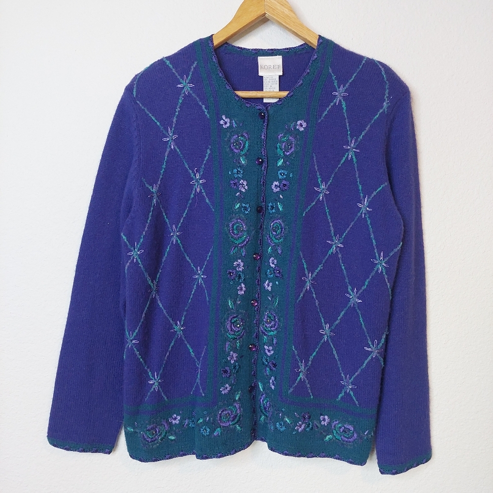 Vintage Koret Floral Embroidered‎ Padded Shoulder Sweater Cardigan Size Meduim